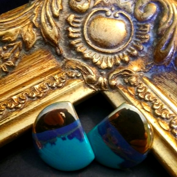 💥STUDIO MADE - Artisan Crafted Ceramic Turquoise Blue&Gold Gilt ClipOn Earrings - Picture 4 of 4